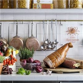 Interior of kitchen with pots and pans